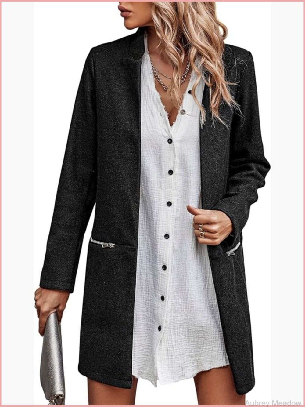 Long Sleeve Stand Collar Cardigan Mid-Long Open Front Overcoat with Zipper